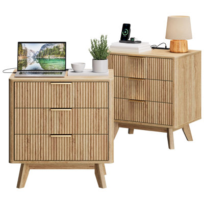 Nightstand Set of 2 with 3 Drawers and Charging Station, 24" Wide Mid-Century Modern Wood Bedside End Tables