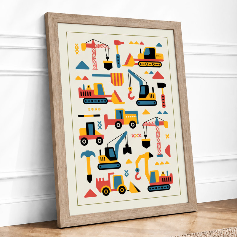 Construction Fleet Geometric - Framed Print, A2 - 59.4 x 42.0 cm, Oak