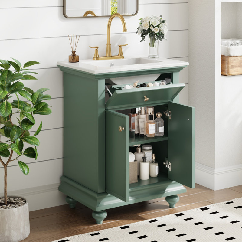 Meuble-lavabo moderne de 24 po avec tiroir basculant et charnières à fermeture en douceur, armoire de salle de bain avec structure ouverte au dos, pieds tournés en boule avec élégance française