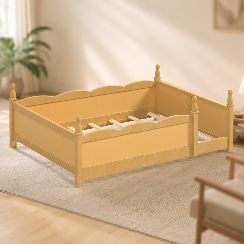 Lit au sol avec garde-corps pleine longueur, base de lit avec tablette, Double, Naturel