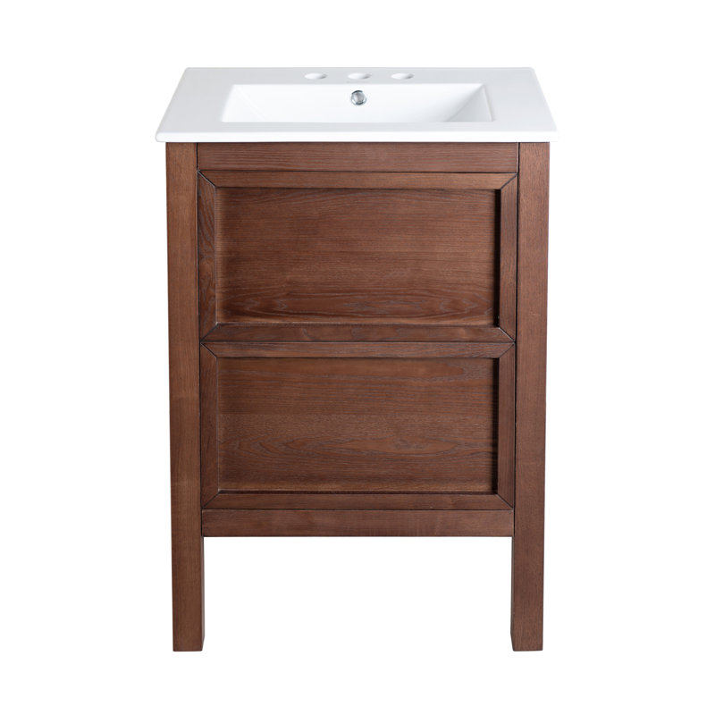 Meuble-lavabo en noyer brun de 24 po avec comptoir en céramique noir à 3 trous Nadar, Noir, Centres de 4 po