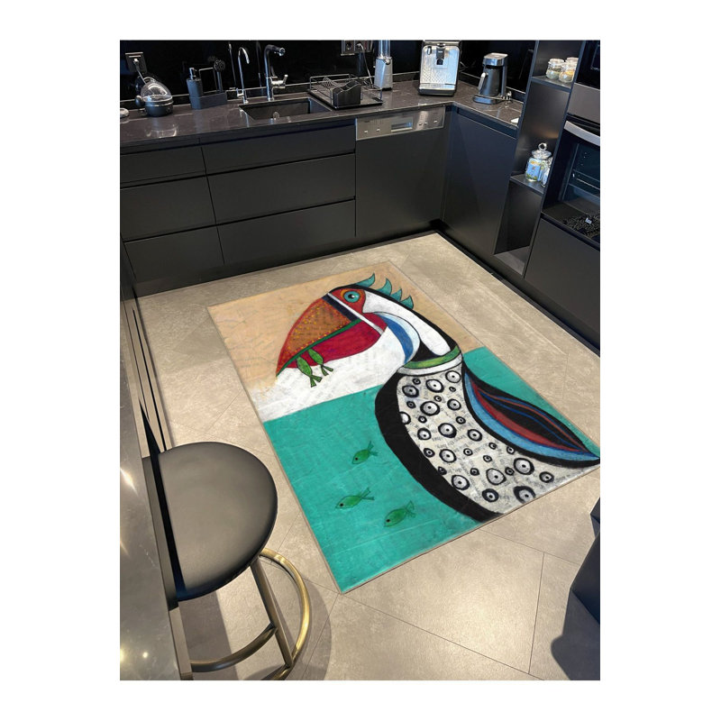 Colorful Toned Bird Patterned Creative Machine Washable Rug, Square 3'3" Rug Pad Included