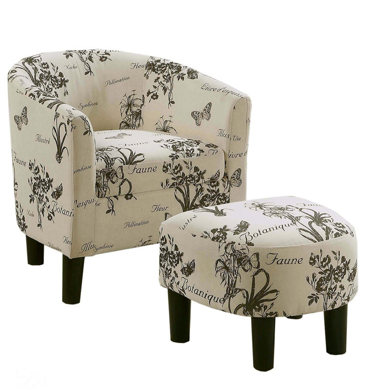 Fauteuil d'appoint d'inspiration design rétro avec repose-pieds, dossier rond revêtu de tissu, compact et élégant pour les intérieurs modernes