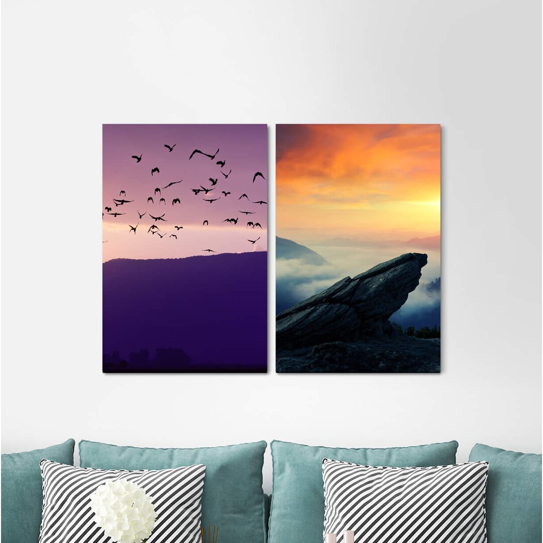 2-tlg. Leinwandbilder-Set - Grafikdruck „Swarm of Birds Mountains Rocks Sunset Purple Fog”