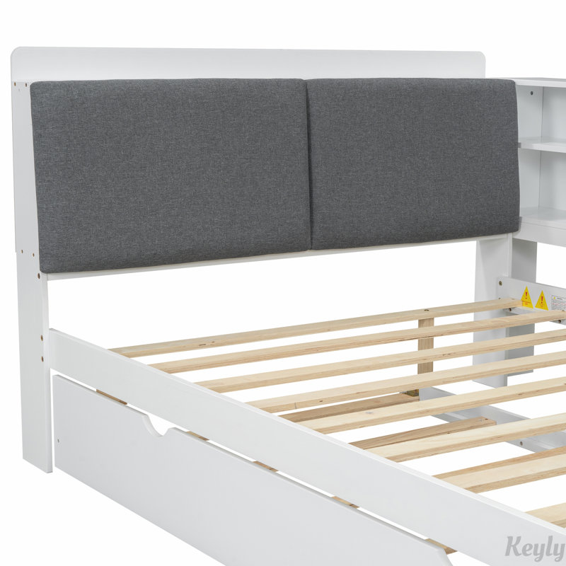 Lit plateforme en bois avec lit gigogne, Full, Blanc