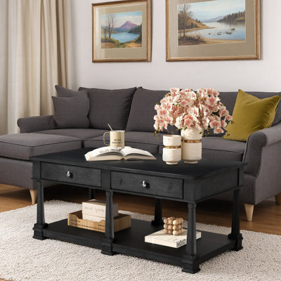 45.3''Farmhouse Wooden Coffee Table with 2 Storage Drawers, Open Lower Shelf and Traditional Turned Legs