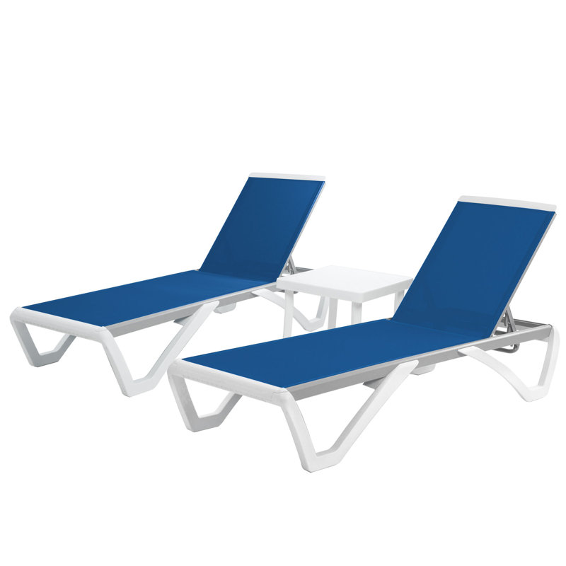Kozyard Outdoor Chaise Lounge Chair, Full Flat Adjustable Patio Lounger With Aluminum Frame & Resin Legs, Textilene Fabric For Poolside, Backyard & Beach (Blue, 2Chairs With Table)
