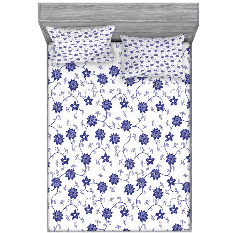 Microfiber Floral Sheet Set, Full Sheet Set + Fitted Sheet + 2 Pillowcases, Purple/White Floral