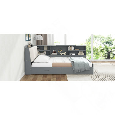 Wood Full Size Platform Bed With Storage Headboard, Shelves And 2 Drawers