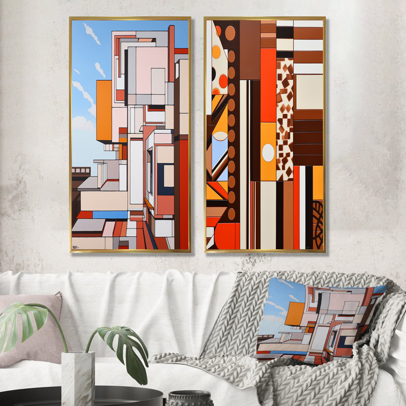 «Cocoa Charm De Stijl Landscape», ensemble de 2 reproductions d'art sur toile, Encadrement doré, H 32 po x l 33 po