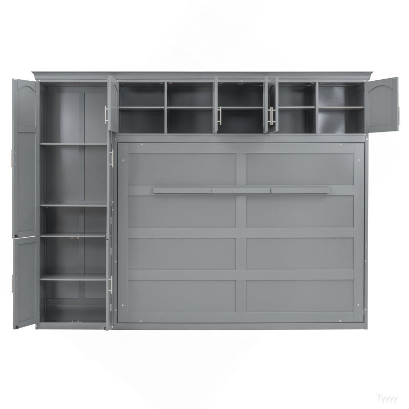 Grand lit escamotable mural avec armoires, gris