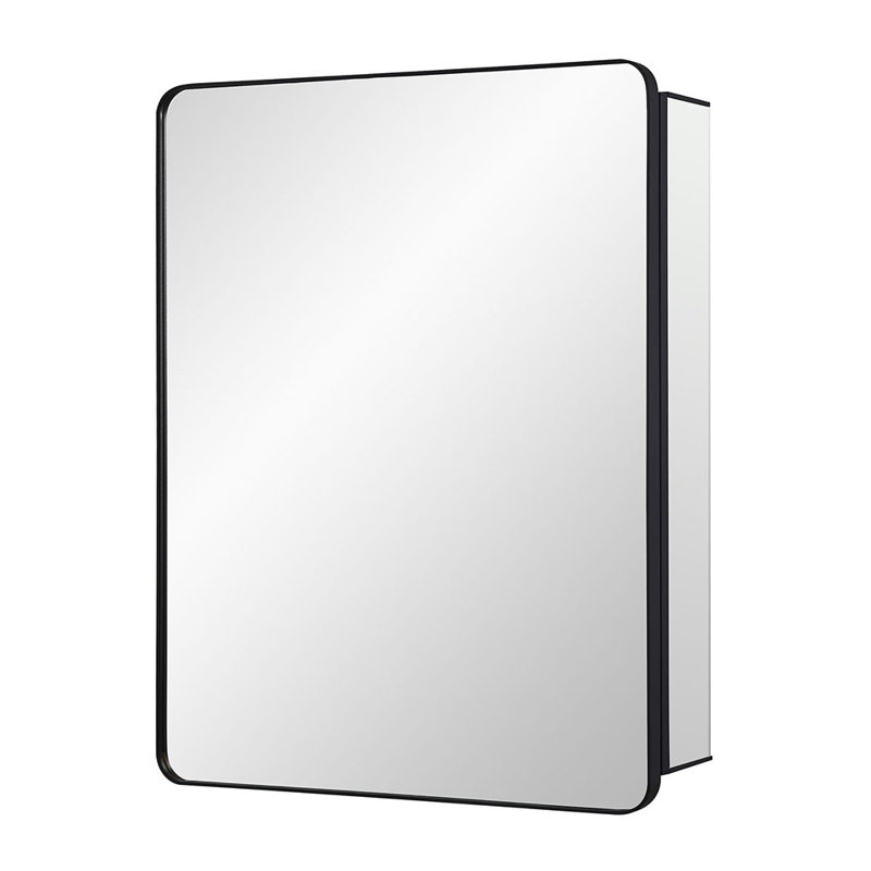 Armoire à pharmacie en aluminium noir avec miroir et porte d'angle ronde 24 x 30 pouces, encastrée ou à fixation en surface, avec tablettes réglables en verre