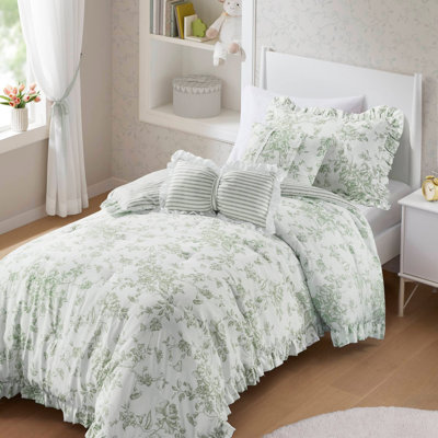 4-Piece Comforter Set with Decorative Pillows, Soft Sage Green Floral Prints, and Ruffle Edges