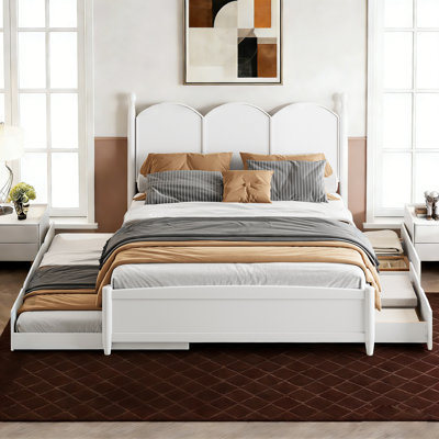 Wood Platform Bed with Trundle and Storage Drawers, Farmhouse Bed Frame with Arched Headboard, No Box Spring Needed, White, Queen