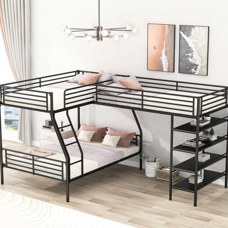 Lit mezzanine en métal noir avec rangement pour tablette - Lit de style simple en L sur lit superposé double et lit superposé, 4 tablettes, velours
