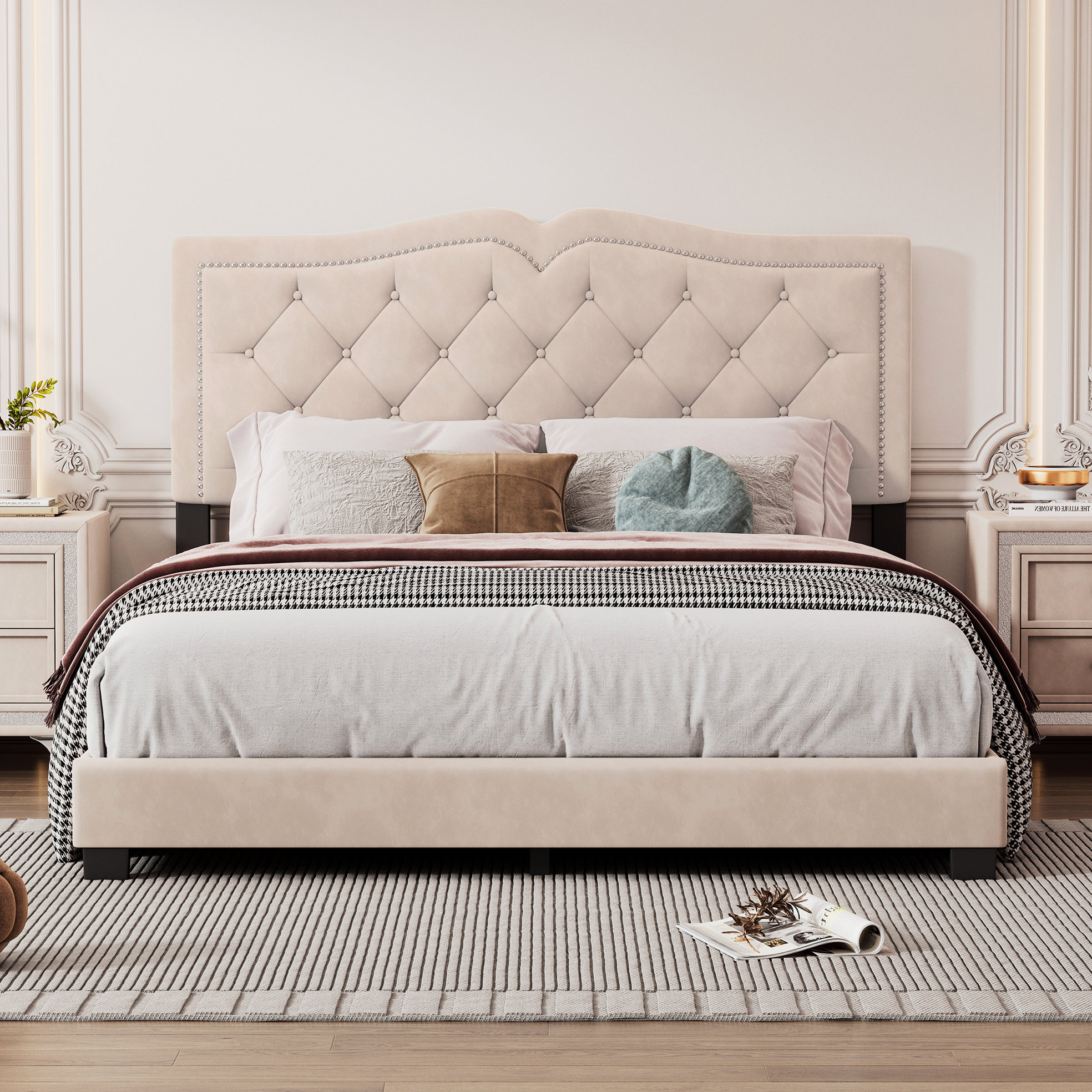 Mercer41 Modern Beige Queen Bed Frame, Upholstered With Velvet And ...