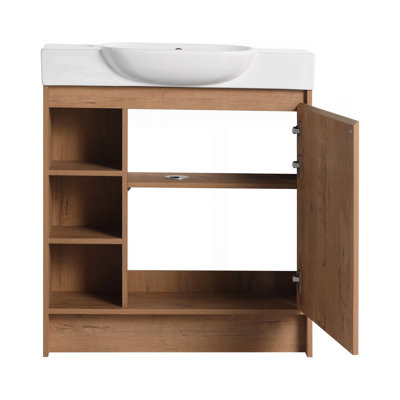 Meuble-lavabo autoportant de 30 po avec lavabo en céramique blanche et porte à fermeture en douceur, contreplaqué, emballage KD