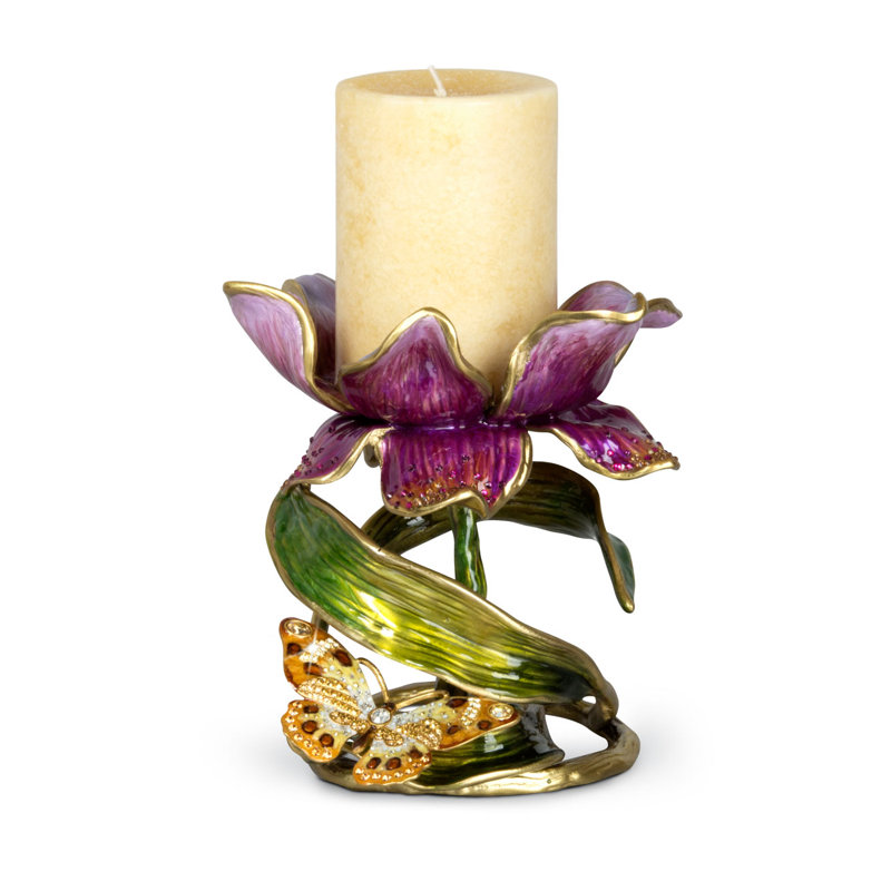 Antiqued Gold Brass Pillar Candle Holder with Swarovski Crystals
