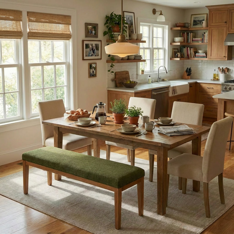 Ensemble de chaises de salle à manger avec chaises rembourrées et banc pour 2 à 4 personnes, Vert / Beige, Brun