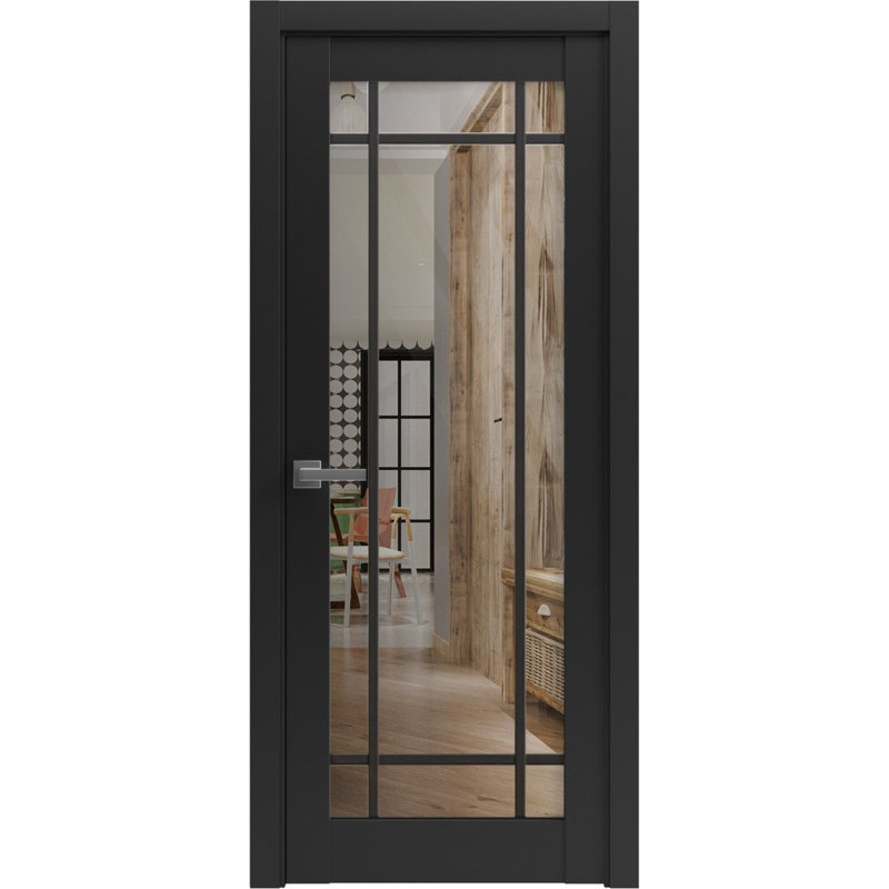 Solid French Pre-Hung Door | Lucia 2266  Clear Glass | Single Regular Panel Frame Trims Handle | Bathroom, Matte Black