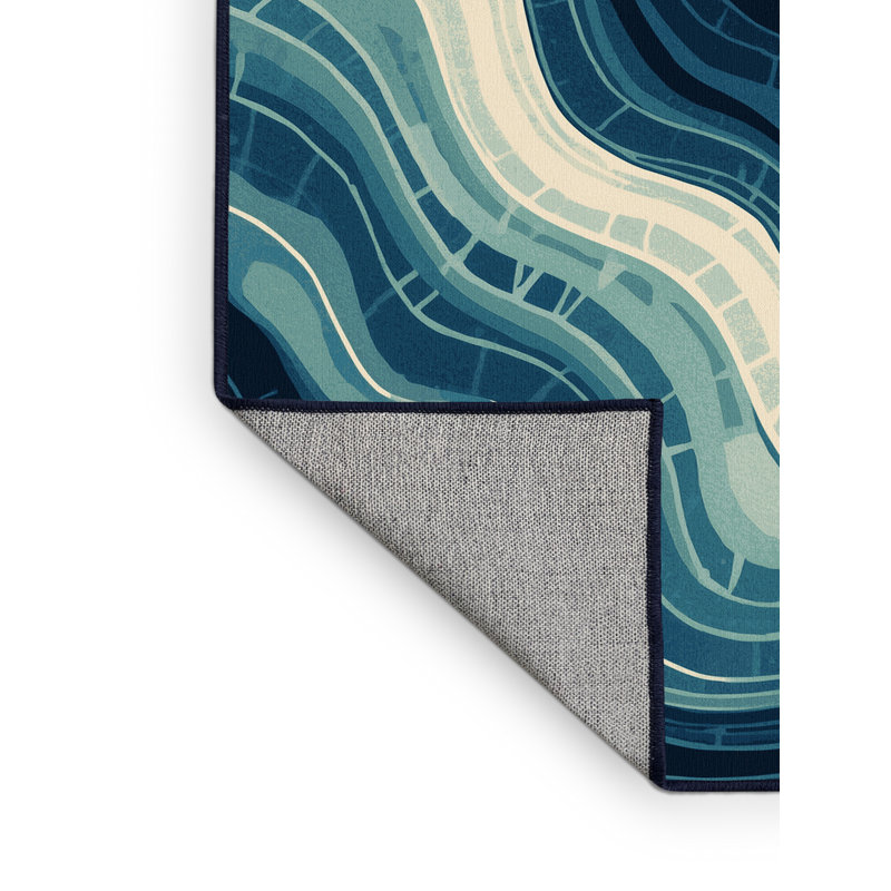 Machine Washable Orys Coastal Abstract Rug in Blue – Navy Binding, 2 x 3