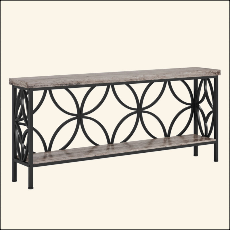 Extra Long Industrial Console Table, Narrow Sofa Table Behind Couch With Open Storage Shelves, Rustic Entryway Table For Hallway, Foyer, Or Living Room, Metal Frame