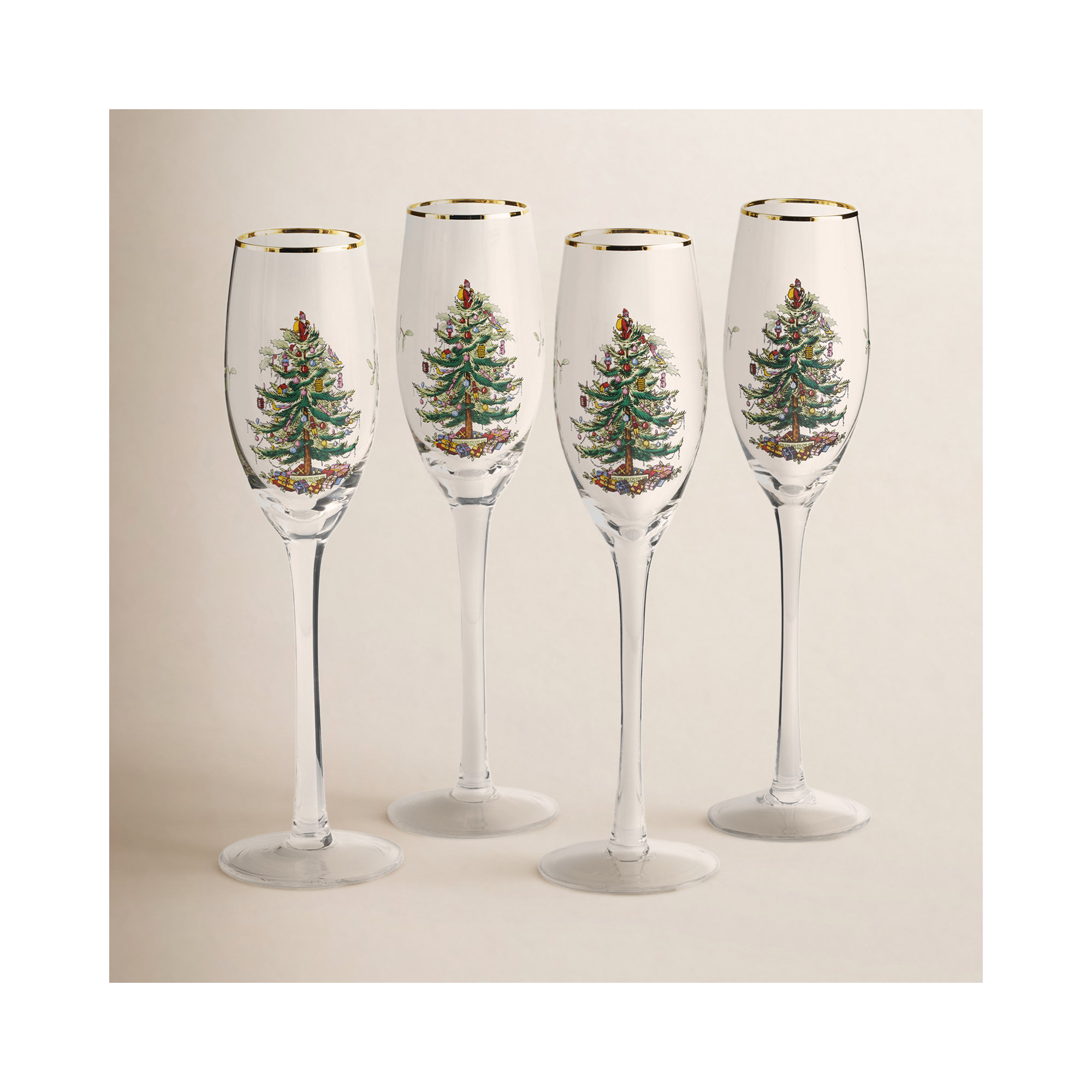 Spode Christmas Tree Champagne Fluted Glasses