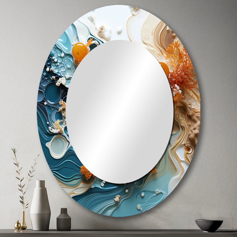 Décor de miroir mural bleu et blanc à encre liquide I - bleu et ovale, 43 po x 33 po