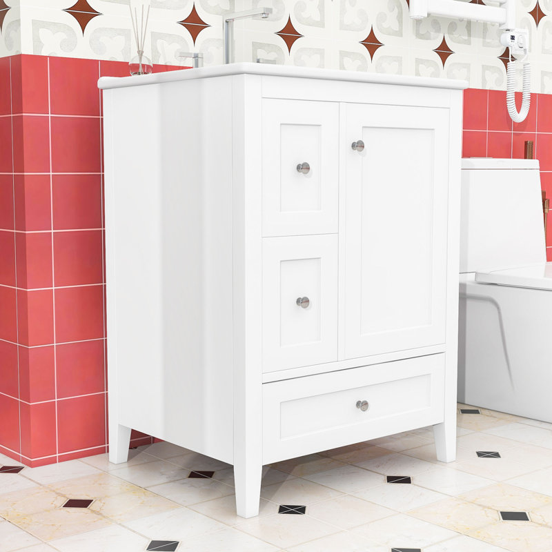 24-Inch Bathroom Vanity Cabinet with Adjustable Shelf and 3 Drawers, White, Silver