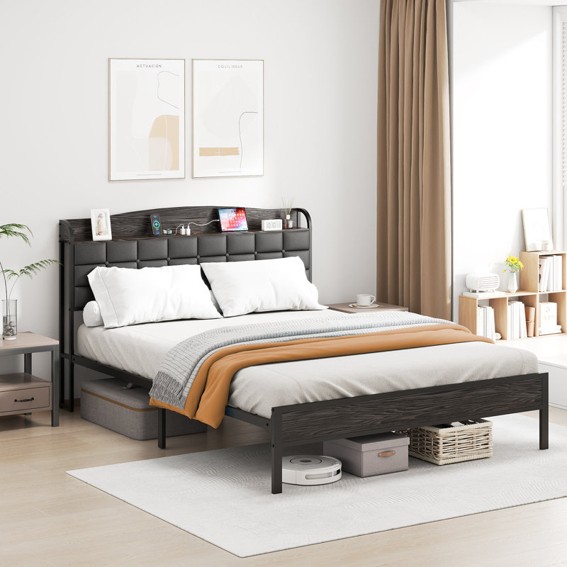 Upholstered Bed Frame with Open Storage Headboard, Charging Station, Double (4'6)