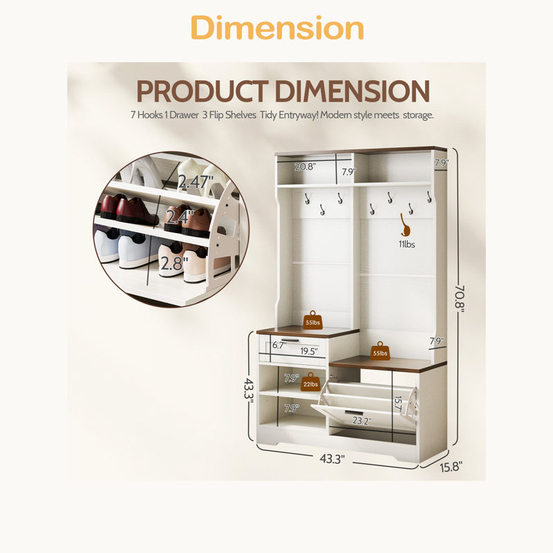 Hall Tree With Bench And Shoe Storage, 6-In-1 Entryway Organizer, 43.3" X 15.75" X 70.87", MDF Wood, Walnut