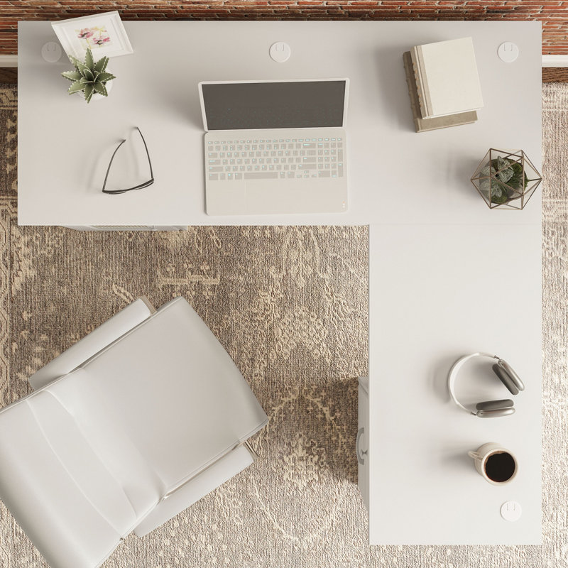 60W L Shaped Computer Desk with Storage in White, White