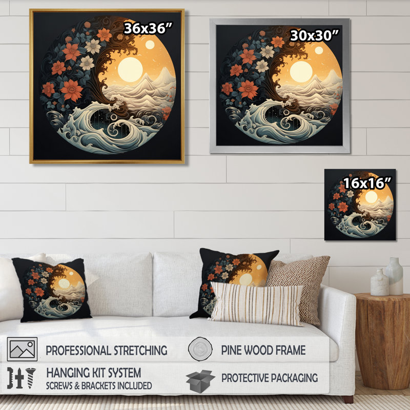 Ying Yang Balance Ocean Flowers Mountains - Paysage abstrait, art mural, Cadre flottant noir, H 16 po x l 16 po x P 1 po