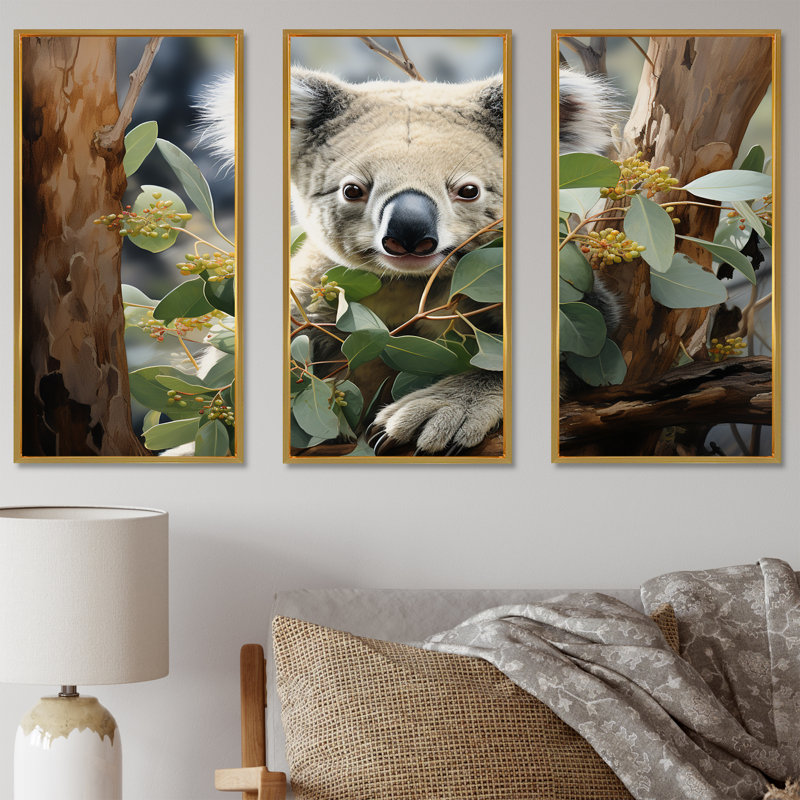 Aquarelle, arbre koala, observateur 2 - art mural koala, Cadre flottant doré, H 28 po x l 36 po