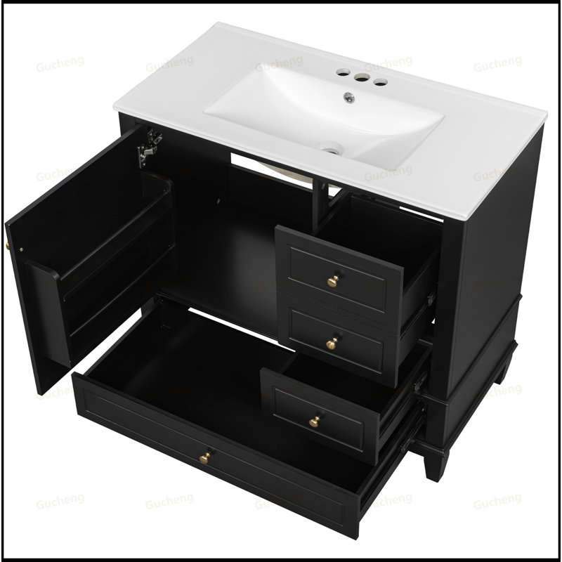 36Inch Bathroom Vanity With Solid Wood Base, Black