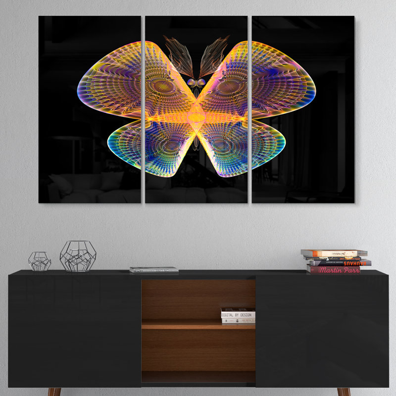 Blue Yellow Fractal Butterfly In Dark On Metal 3 Pieces Photograph