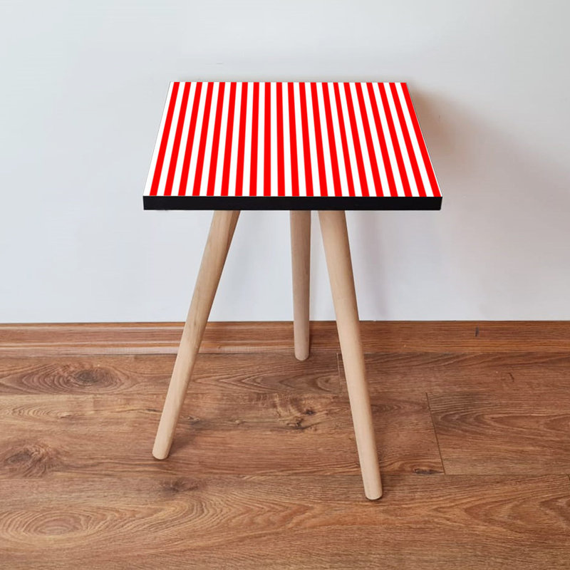 Modern Side Table with Beech Wood Legs, Red & White Striped Design, 13.8 x 16.5 x 13.8 inches | 100% MDF Construction, Thickness: 0.7 inches | Stylish Accent for Living Room, Bedroom, or Office