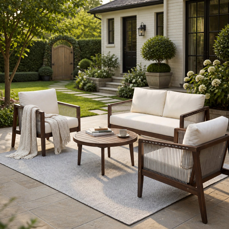 Ensemble de canapé extérieur quatre pièces avec détails en corde et coussins hydrofuges pour se détendre sur la terrasse.