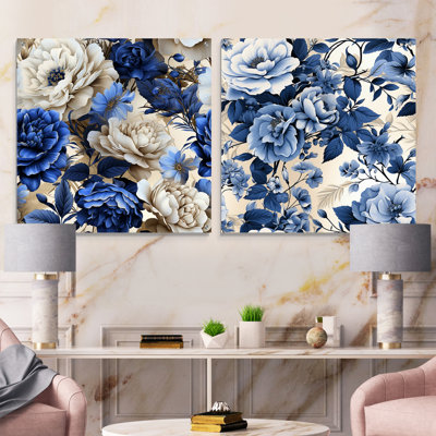 Motif victorien de roses de la Renaissance bleu cobalt - ensemble d'art mural en acrylique sur verre floral