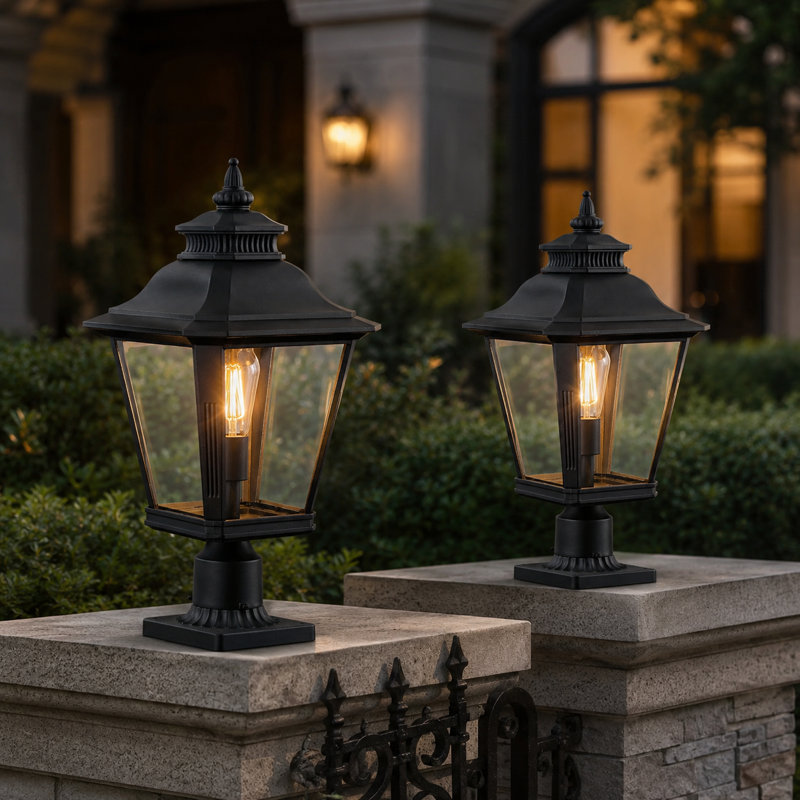 Grand lampadaire extérieur 21 po, structure en métal avec abat-jour en verre transparent, lampadaire noir pour barrière, clôture, jardin, allée et allée