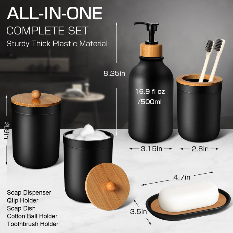 Ensemble d'accessoires de salle de bain noir 5 pièces, accessoires de salle de bain noir mat, ensemble de distributeur de savon en plastique et porte-brosse à dents, porte-savon, pot de coton-tige, noir