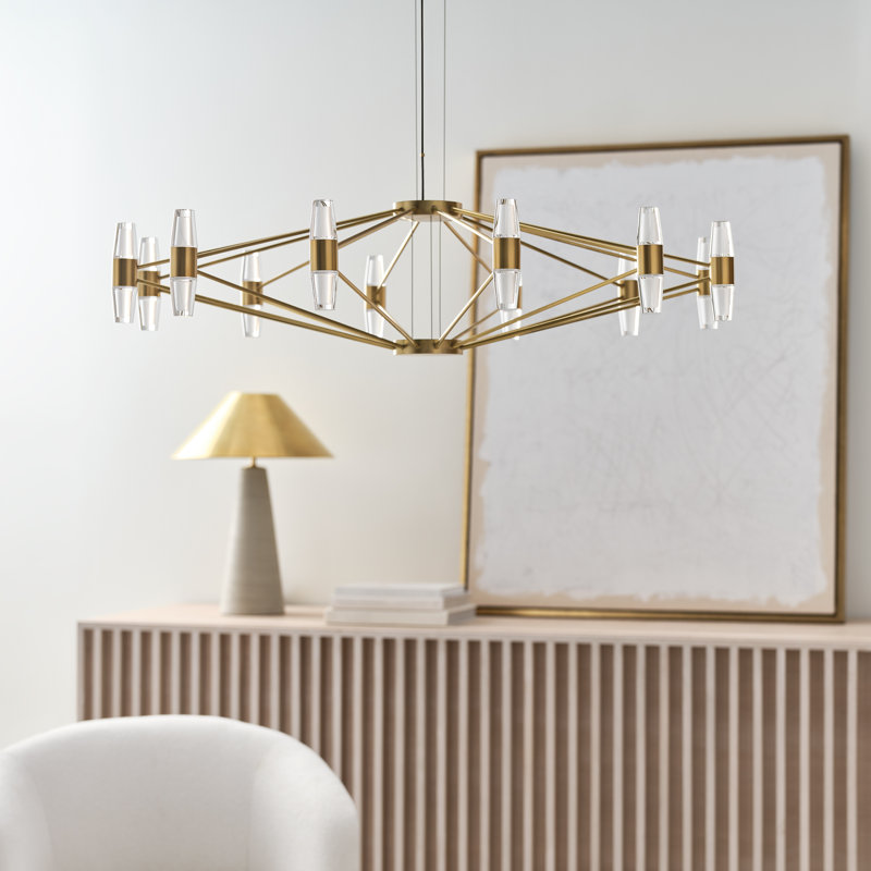 Sean Lavin Lassell large chandelier in natural brass finish with crystal glass shades, Bronze