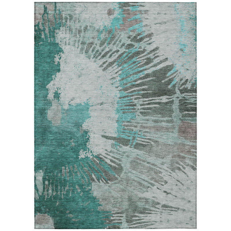 Tapis extérieur lavable abstrait vert foncé 8 pi x 10 pi turquoise et gris