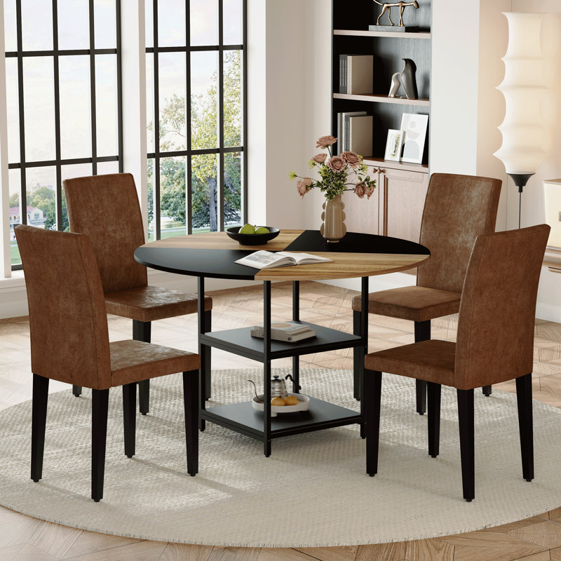 Elegant 47.3-inch Round Dining Table Set With Double-layer Storage & 4 Brown Upholstered Chairs