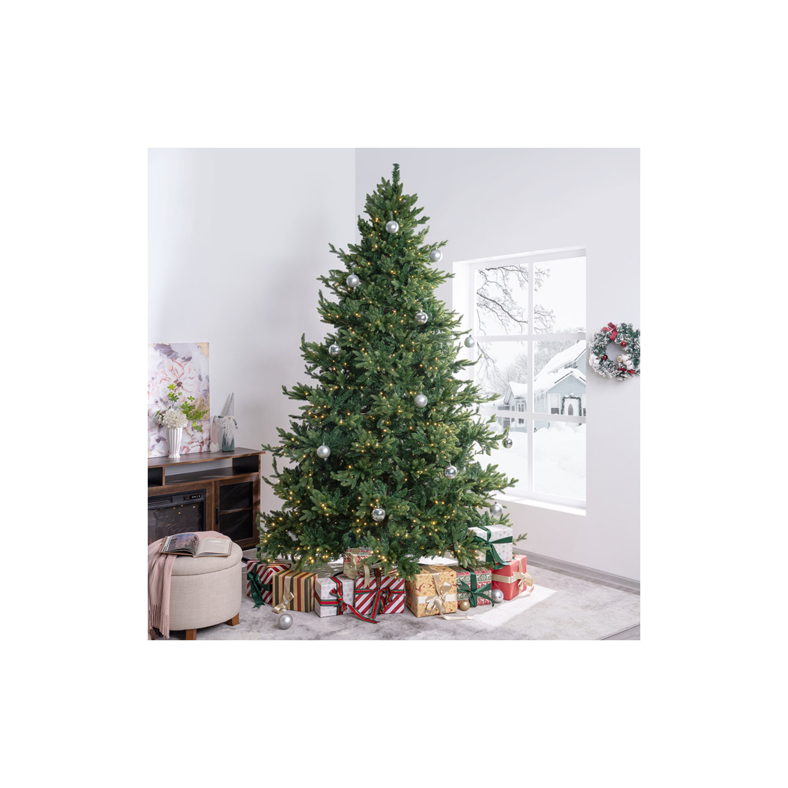 Prelit Traditional Artificial Christmas Tree with Metal Stand, Realistic Classic Holiday Tree, 7.5 ft