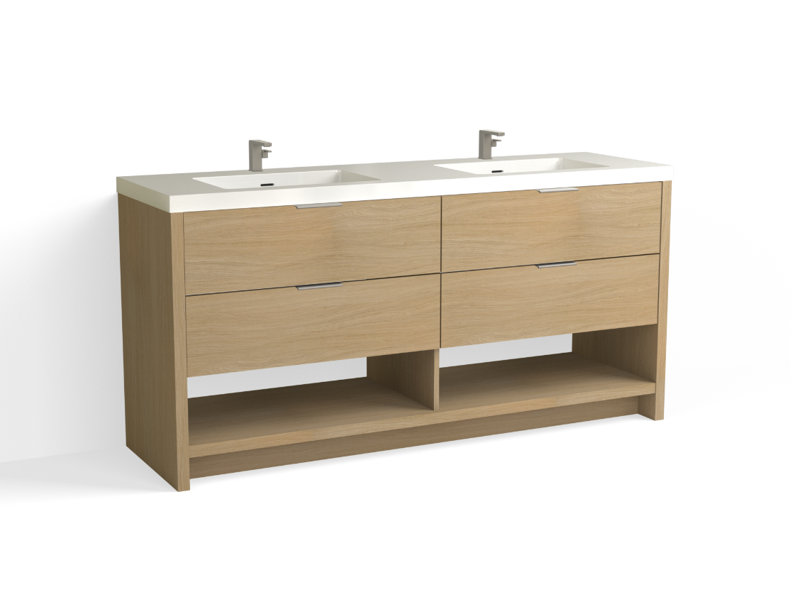 Vue 72" W Freestanding Double Bathroom Vanity, Biondo, Satin Nickel, Glossy White/Single
