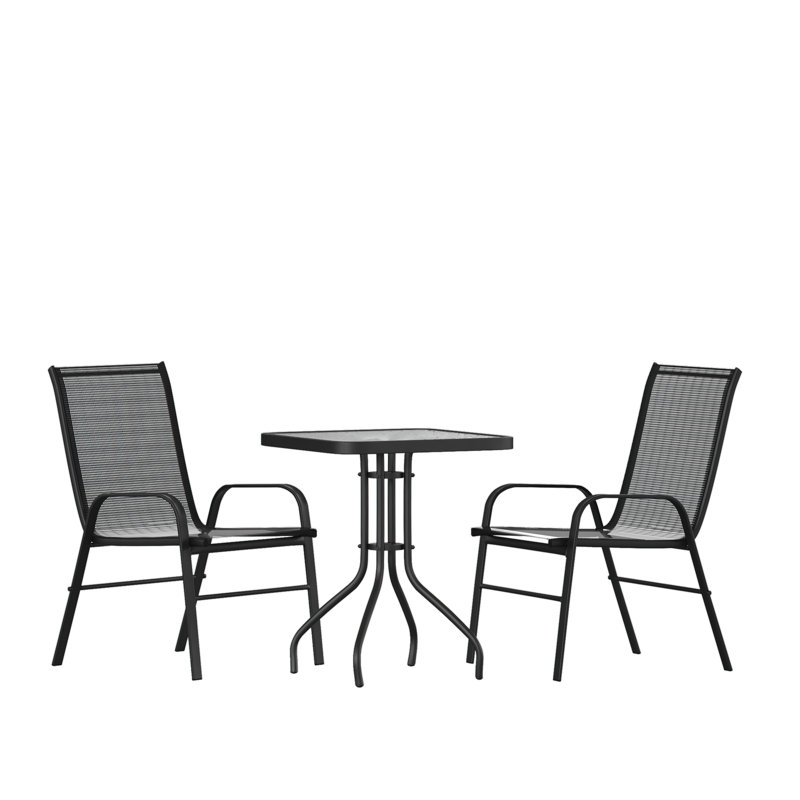 Ensemble de salle à manger de patio 3 pièces Elgin - Table en verre, 2 chaises empilables Flex, Noir