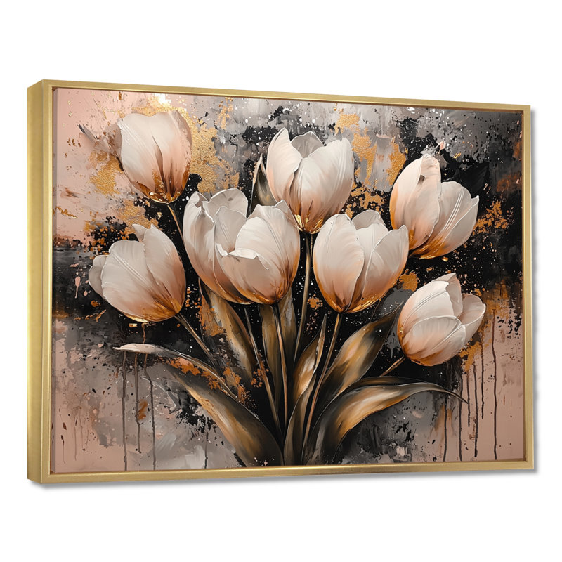 Tulipes or rose matinales I - Tulipes, art mural de salon, H 24 po x l 32 po, Doré, Avec cadre