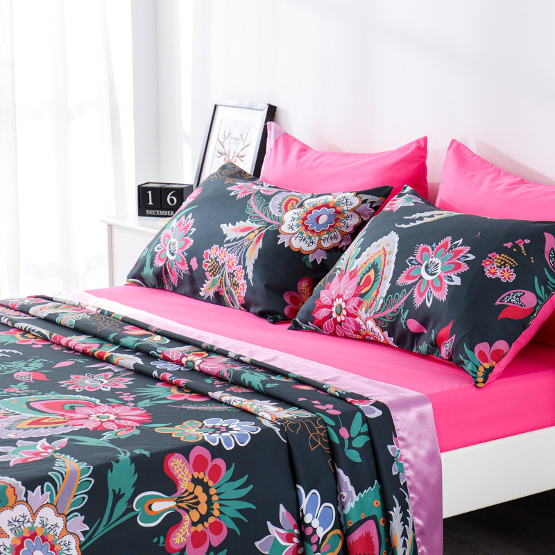 Ensemble de draps 6 pièces Polycotton, Courtepointe pour grand lit + 5 pièces supplémen, Motif floral rose