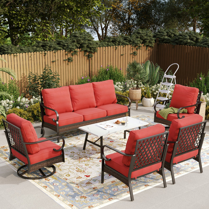 Ensemble de conversation pour 7 personnes avec 2 chaises longues pivotantes, Rouge